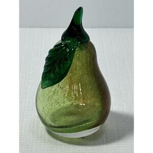 Vintage PEAR Hand Blown Art Glass Paperweight Green Brown 5”